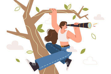 Curious woman looks through telescope climbing tree, spying on neighbors or looking for way home
