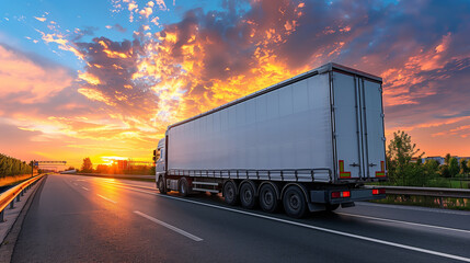 A white cargo truck on the highway during a vivid sunset, ideal for mockups with its blank side space, Generative AI.