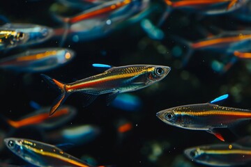A diverse gathering of fish gliding through the water in a spacious aquarium, A school of neon tetra fish swimming in dark waters, AI Generated - Powered by Adobe