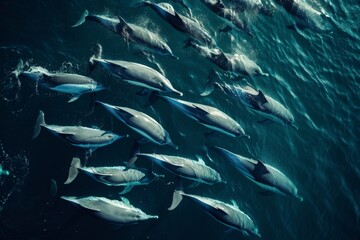A Large Group of Dolphins Swimming in the Ocean, A school of dolphins swimming in formation, seen from above, AI Generated - obrazy, fototapety, plakaty