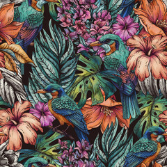 Vintage floral tropical bird seamless pattern, summer vivid flowers texture - 779670655