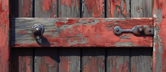 A detailed closeup of a wooden door with a sturdy metal latch, set against a backdrop of intricate brickwork and a beautifully textured wall