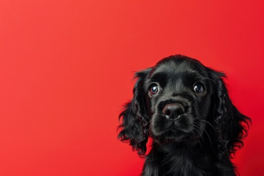 Inquisitive Eyes: Portrait of a Cocker Spaniel Puppy on Crimson - Generative AI