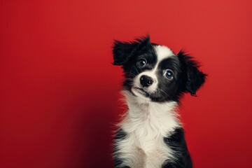 Fototapeta premium Curious Pup with Expressive Eyes Against a Bold Red Backdrop - Generative AI
