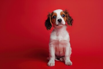 Fototapeta premium Curious Pup with Expressive Eyes Against a Bold Red Backdrop - Generative AI