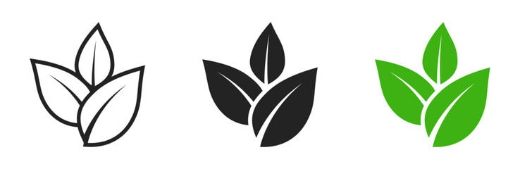 Three leaves icon. Leaf symbol. Nature organic isolated illustration. Vegetarian or vegan label. Green eco logo. - obrazy, fototapety, plakaty