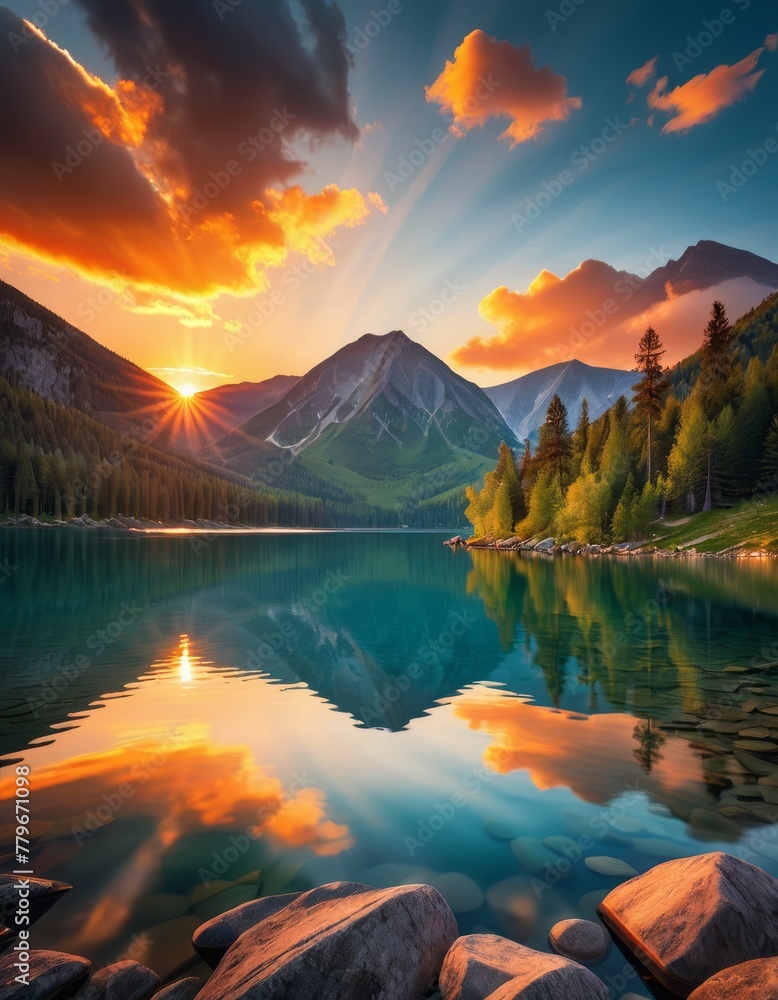 Poster the first rays of sunlight breaking over a peaceful alpine lake surrounded by mountains and a clear 