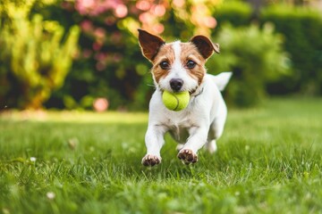 Joyful Jack Russell Terrier Fetching Ball in Mid-Air Sunshine - Generative AI