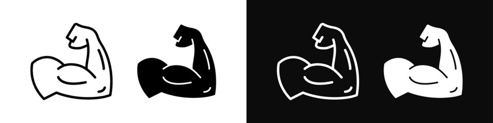 Muscle icon. Bicep symbol. Strong arm vector illustration. Gym logo. Bodybuilding fitness concept. Athlete flexing hand sign. Muscular power pictogram isolated on a white and black background.