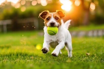 Joyful Jack Russell Terrier Fetching Ball in Mid-Air Sunshine - Generative AI