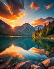 The first rays of sunlight breaking over a peaceful alpine lake surrounded by mountains and a clear reflection on calm waters.. AI Generation