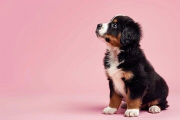 Curious Puppy Wonders in Pink, A Bernese Mountain Dog's Innocence - Generative AI