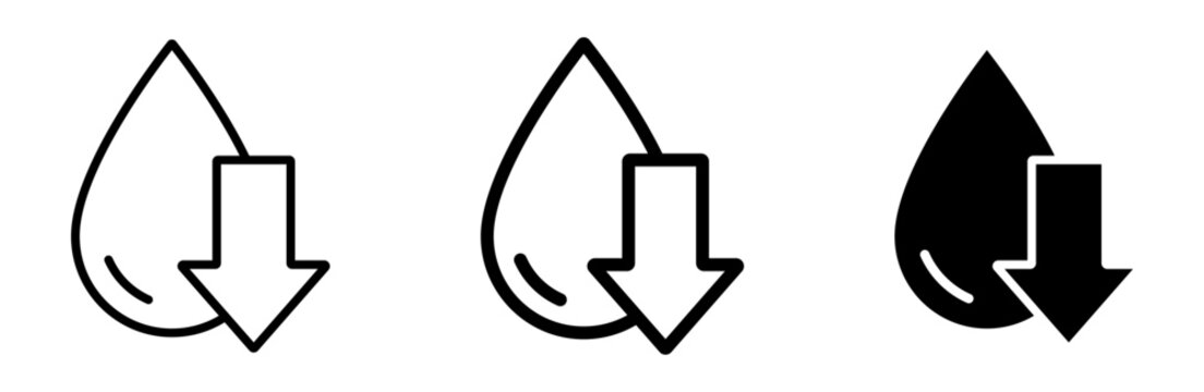 Low water level icon. Reduce water usage logo. Droplet with arrow down symbol. Supply shortage illustration isolated.