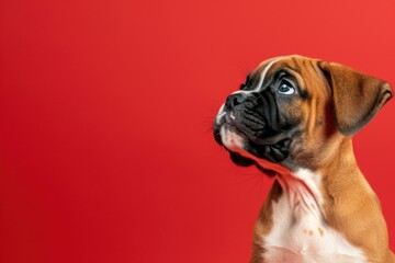 Curious Gaze: Young Boxer Puppy Against Vivid Red - Generative AI