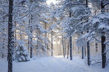 A photo capturing the beauty of a snow-covered forest filled with numerous trees, A serene forest blanketed in fresh snow, AI Generated