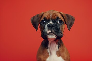 Fototapeta premium Curious Gaze: Young Boxer Puppy Against Vivid Red - Generative AI