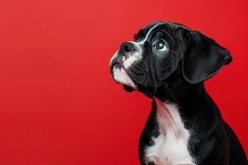 Curious Gaze: Young Boxer Puppy Against Vivid Red - Generative AI - 779671272