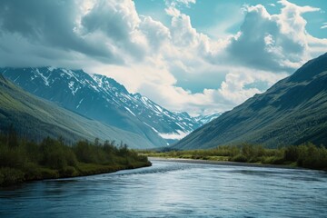 A river gracefully cuts through a vibrant and flourishing valley, surrounded by lush greenery, A...