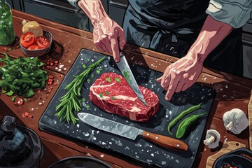 A person is using a knife to cut up a piece of steak on a wooden cutting board, A series of illustrations showcasing the cooking process of a steak from raw cut to finished dish, AI Generated