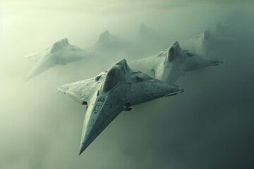 Two fighter jets soar through the clouds against a dramatic cloudy backdrop, A series of stealth fighter ships emerging from a foggy mist in the early morning, AI Generated