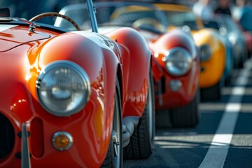 A line of fast and colorful sports cars in vibrant red and yellow colors parked side by side, A set...