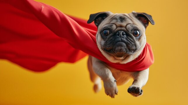 Funny pug dog in a red cape flying through the air on a vibrant yellow background
