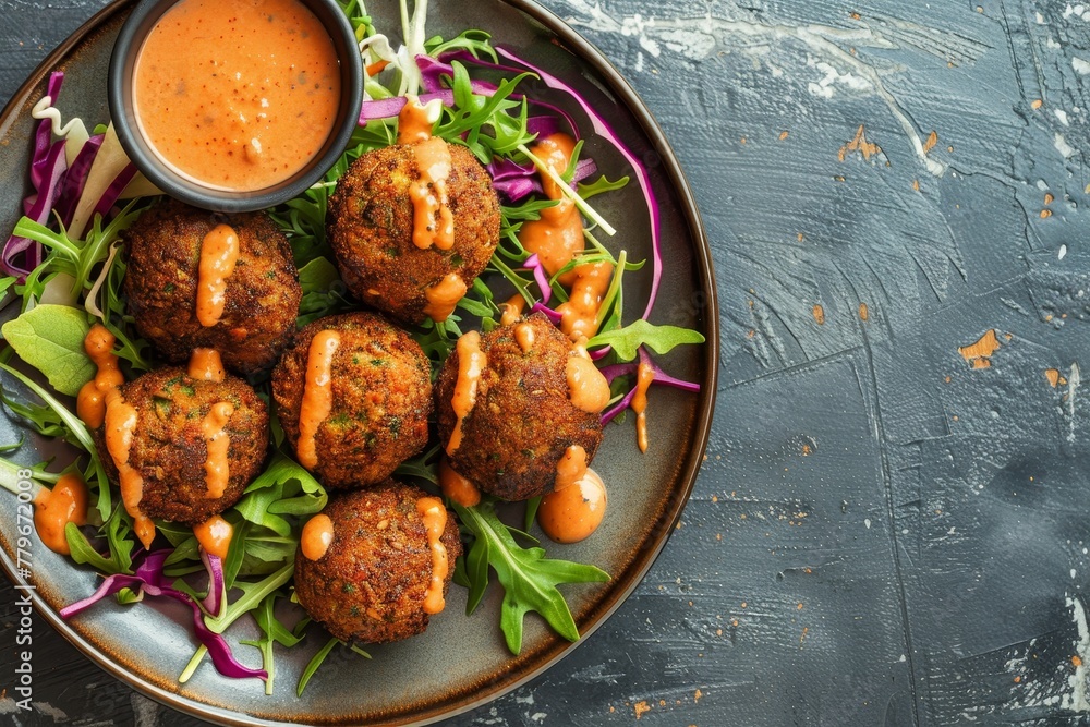 Sticker top view of vegetarian falafel balls on a plate with sauce