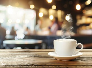 A steaming cup of coffee on a table in a cafe with a blurred background of people, focused on a white mug and steam, stock photo with space for text.
