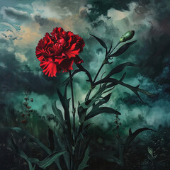 a red carnation in the foreground with a cloudy sky in the background