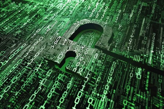Cybersecurity concept with green padlock on computer screen and binary code background