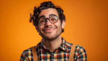 Fototapeta premium Joyful Man in Plaid Shirt Smiling with Quirkiness Against a Vibrant Orange Background 