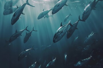 Tuna swimming below the water surface - obrazy, fototapety, plakaty