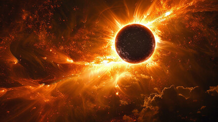 The sun's radiant corona erupts into a fiery display of light and color during a total solar eclipse, illuminating the heavens with celestial splendor.