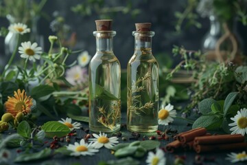 Obraz na płótnie Canvas Two dark bottles of essential oil with a variety of herbs peppermint basil thyme rosemary cinnamon clove oregano chamomile calendula