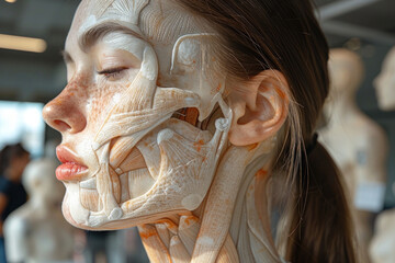 A womans face is shown alongside a model of the human body, demonstrating the use of 3D imaging technology for personalized medical procedures.