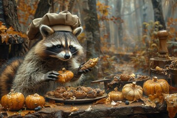 A gourmet chef raccoon preparing a feast in a secret forest kitchen, ideal for a unique culinary brand.