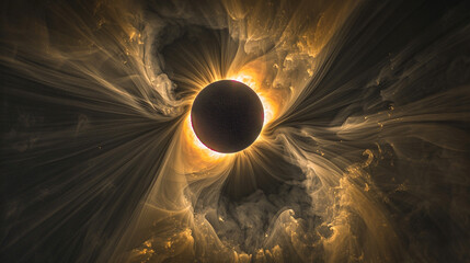 The sun's radiant corona extends like delicate tendrils into the darkened sky during a mesmerizing solar eclipse, a celestial spectacle to behold. - obrazy, fototapety, plakaty