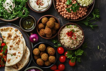 Vegan Middle Eastern cuisine with fresh falafel pita sauce and herbs - obrazy, fototapety, plakaty