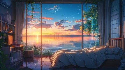 The stunning view from a bedroom window at sunset, with the tranquil lake reflecting the colorful sky, creates a perfect backdrop for relaxation. Lakeside Bedroom View at Sunset lofi anime cartoon
