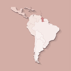 Vector illustration with South America land with borders of states and marked country Guyana. Political map in brown colors with regions. Beige background
