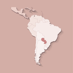 Vector illustration with South America land with borders of states and marked country Paraguay. Political map in brown colors with regions. Beige background