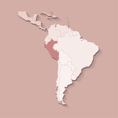 Vector illustration with South America land with borders of states and marked country Paraguay. Political map in brown colors with regions. Beige background