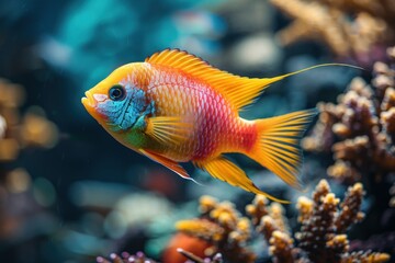 Fototapeta premium Aquarium fish swimming gracefully among coral, for a calming and beautiful aquarium supplies ad.