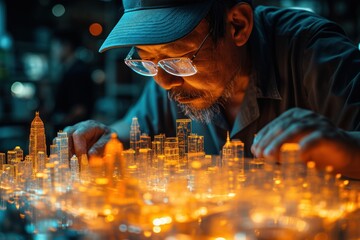 Architect reviewing 3D cityscape holograms, symbolizing futuristic urban planning, for architectural firm branding.