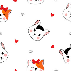 Seamless pattern with many different  red and black and white heads of cats on white background. Vector illustration for children.