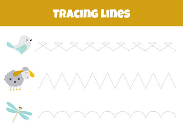 Outline The Line From The Bird, Sheep, And Dragonfly Is A Worksheet For Tracing Lines For Preschoolers Aged 4-6 Years