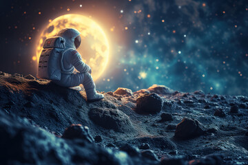 Astronaut contemplating stars on moon - obrazy, fototapety, plakaty