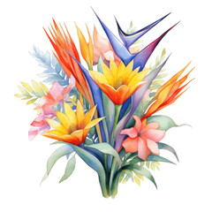 Vibrant Bird of Paradise Bouquet with Vivid Orange, Blue, and Green Tones on Transparent Background