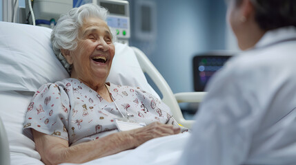 Obraz premium Photograph of old woman in a high class hospital bed. Doctor talking to patient giving good news. Patient Laughing. Celebrating. Happy