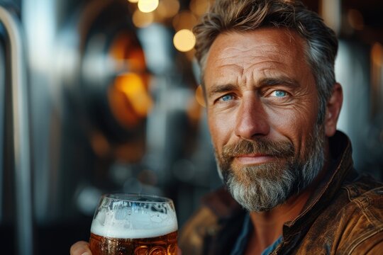 Bearded man holding glass of beer